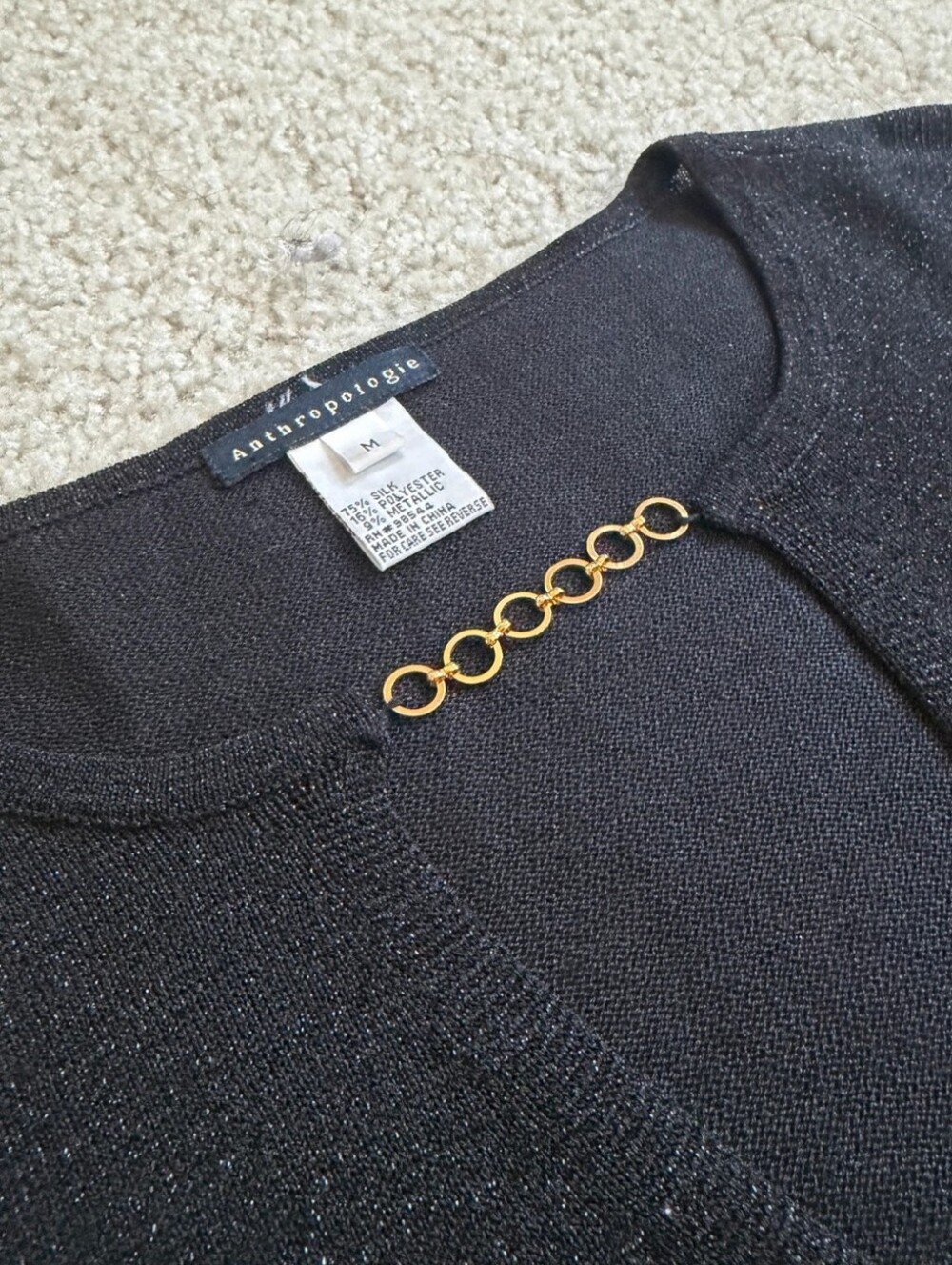Anthropologie Black Silk-Blend Metallic Shimmer Long Sleeve Keyhole Top - M